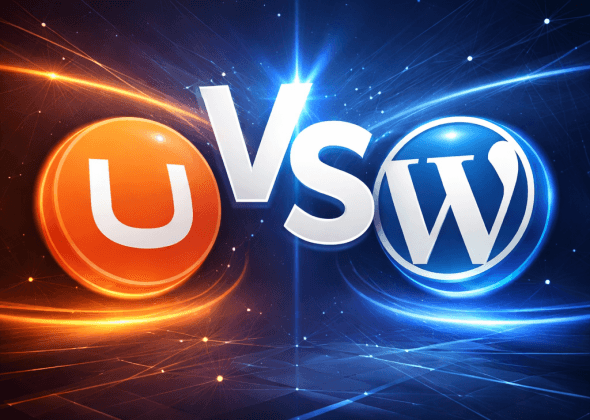 Illustration comparing Umbraco vs WordPress as CMS platforms with visual contrast between the two systems