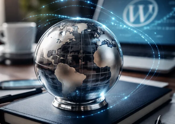 Dekorativt billede af en globus med digitale forbindelser i blå nuancer, der symboliserer internationale WordPress projekter og teknisk samarbejde på tværs af landegrænser.